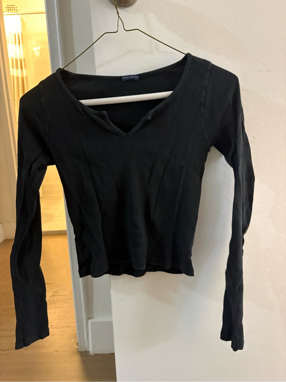Brandy Melville Black Ribbed Long-Sleeve V-Neck Top